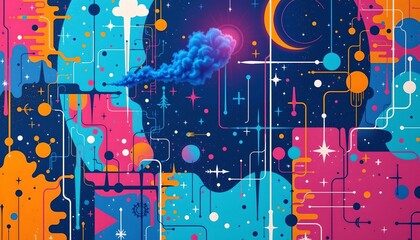 An artistic, digital wallpaper featuring a vibrant space theme set against a dark starry background. There are numerous elements within this design that create a busy, dynamic visual