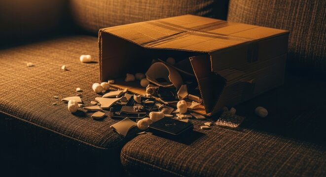 Broken ceramics spill from a box on a couch under warm light