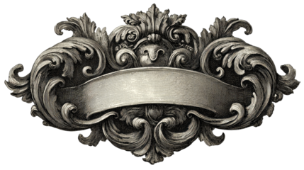 Ornate, sculpted, gray banner emblem with detailed flourishes