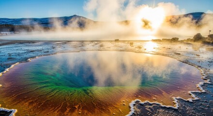 Vibrant geothermal spring with colorful layers and mountain background