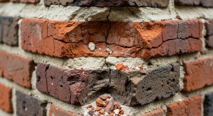 Close-up of a weathered, red brick corner with cracks and imperfections
