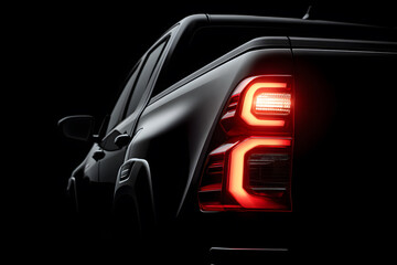 close up of glowing tail lights on black luxury pickup truck set against dark background, modern automotive photography capturing polished detail, sleek bodywork and style of premium vehicles
