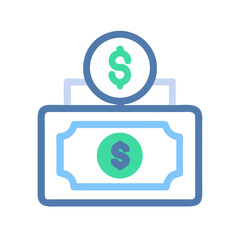 Stylized dollar bills and coin isolated on black background