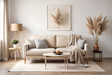 Modern living room interior design with sofa, lamp and pampas grass decor