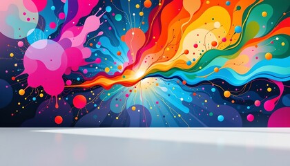 Fototapeta premium An artistic wallpaper with an abstract, colorful design resembling an explosion of vibrant particles set against a dark background, possibly evoking a sense of movement and energy.
