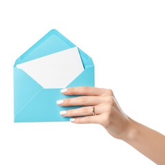 Hand Holding Blue Envelope with White Card on White Background