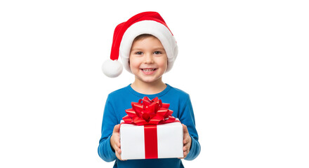 Smiling Child in Santa Hat Holding Christmas Gift Box on White Background