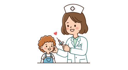 Cartoon nurse giving a child a vaccination with a syringe.