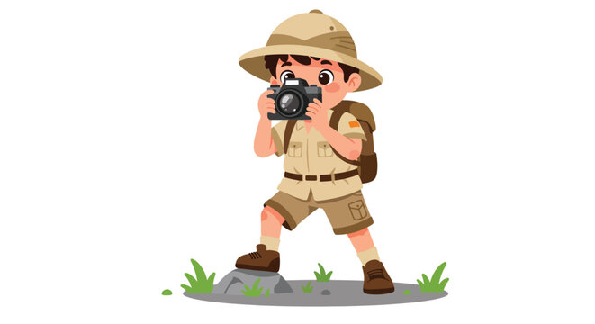Cartoon young explorer boy with camera and pith helmet on adventure.