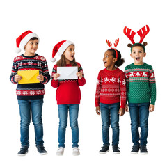 Group of Children in Christmas Sweaters and Festive Headwear Holding Envelopes
