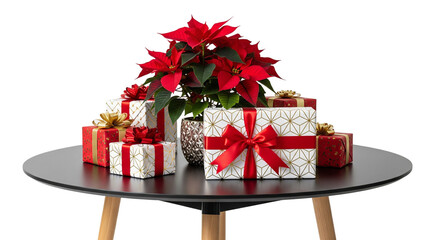 Christmas Table Arrangement with Poinsettia and Gift Boxes