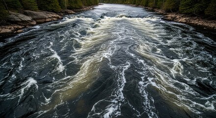 Rushing river water flowing over rocks and through a forest landscape