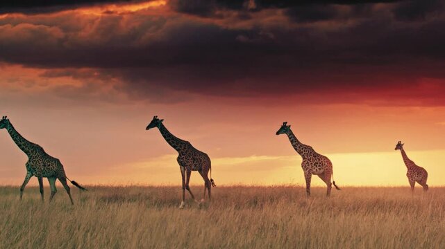Three Giraffes Walking in Forest at Sunset &ndash; Wildlife Safari Scene"