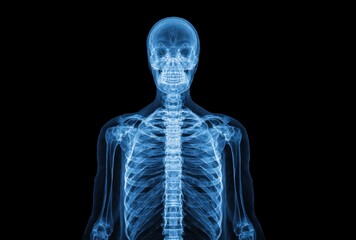 Detailed -ray image of a human skeleton showing bones, spine, ribs, and skull