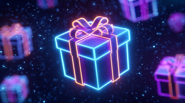 Glowing neon gift box illustration on dark background - Powered by Adobe