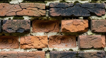 Old red brick wall with cracks and moss, close up detailed view