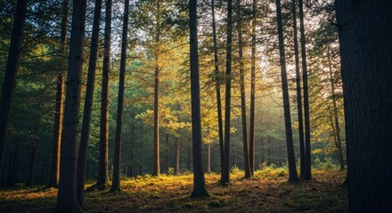 Forest vista with sunlight beaming through tall, straight trees