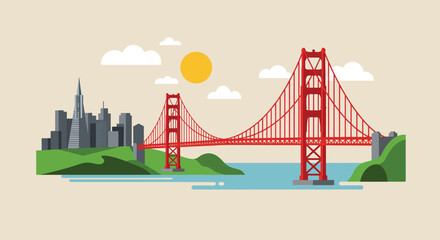 Iconic Golden Gate Bridge and San Francisco Skyline Illustration.
