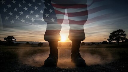 Double exposure of an American soldier with the USA flag, a concept of patriotism and sacrifice - Powered by Adobe