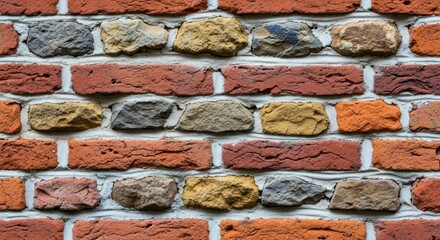Close-up shot of a brick wall with various colored bricks and mortar.