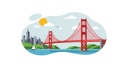 Iconic Golden Gate Bridge spanning a bay with city skyline and sailboat.