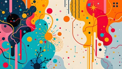 An abstract digital art piece that features vibrant colors, such as pinks, blues, yellows, and reds. There are shapes like stars, swirls, and a face design in the center