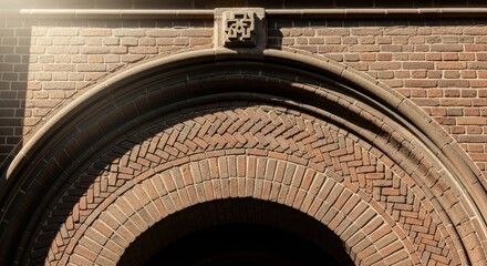 Archway entrance made of red bricks with interesting brick design.