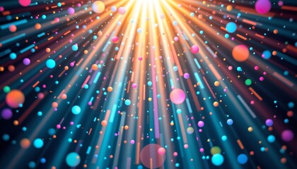 A digital art illustration that showcases a vibrant burst of multi colored spheres radiating from a central point, set against a dark background