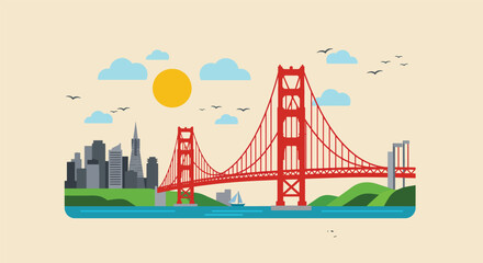 Iconic Red Suspension Bridge with City Skyline and Sunny Sky.