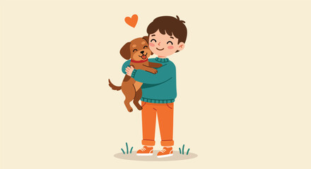 Joyful Boy Embraces Beloved Puppy in Heartwarming Illustration.