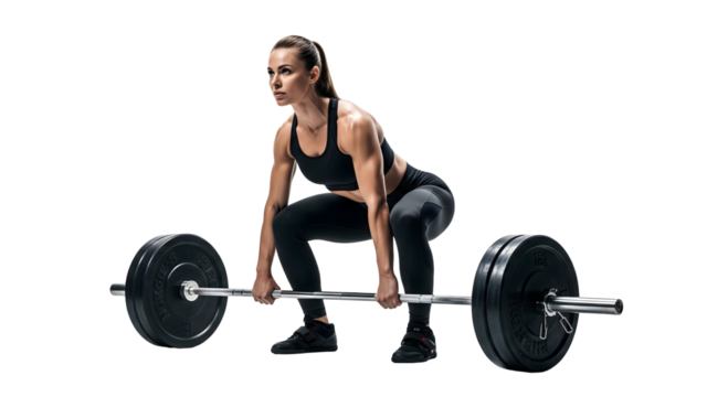 A woman confidently lifts a barbell with heavy weight, focusing on her strength and form, isolated on transparent background - Powered by Adobe