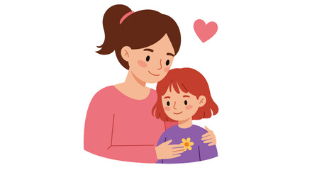 Mother and Daughter Embrace with Love Heart Cartoon Illustration.