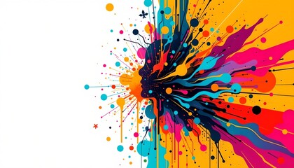A vibrant splash of multicolored paint against a plain white background, resembling an abstract explosion of colorful liquid droplets.