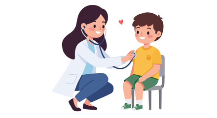 Pediatrician examining a young boy with a stethoscope during a medical checkup.