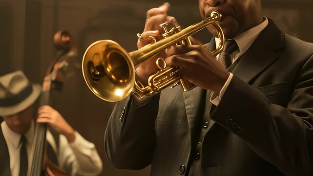 A Jazzy Trumpet Solo in a dimly lit club with musicians ensemble playing