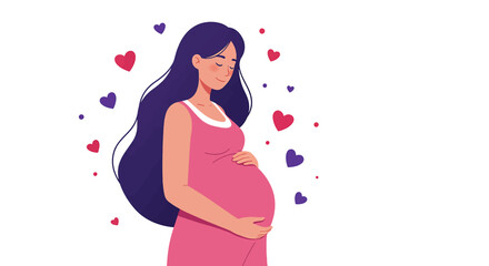 Pregnant woman with long dark hair cradling her belly surrounded by hearts.