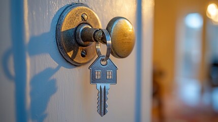 Keyring house on doorknob, partially open door reveals softly lit room