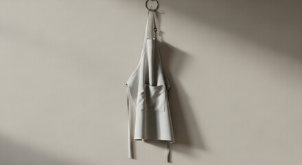 Neutral Grey Apron Hanging on Wall Hook Minimalist Kitchen Design Still Life Photography