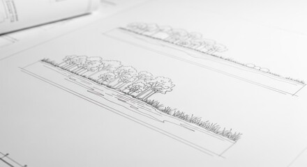 Landscape plan with pen & ink drawings of trees & ground on white paper