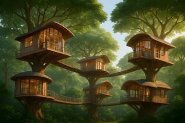 Lush Forest Canopy Retreat: Modern Treehouses Connected by Wooden Walkways