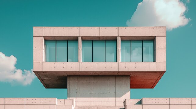 Minimalist concrete building facade under a clear turquoise sky with a cloud