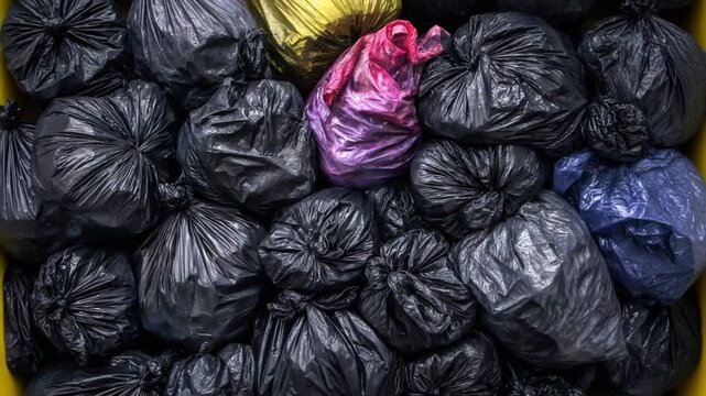 Discarded Waste: A dense collection of black trash bags, contrasted by select bags of various colors, creating a visual narrative of waste management, pollution, and environmental concern.