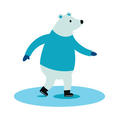 Polar Bear Ice Skating in Sweater on Frozen Pond Vector Illustration