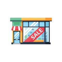 Flat design illustration of a modern storefront with a red 'SALE' banner in the window, depicting a retail shop or boutique.
