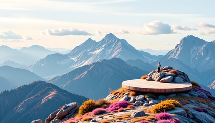 A breathtaking mountain landscape with a small circular structure at its peak. The structure is surrounded by vibrant plants and overlooks expansive valleys, creating a serene and picturesque view.