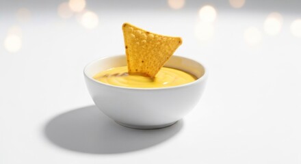 Nacho chip stands in a bowl of yellow cheese sauce against white backdrop