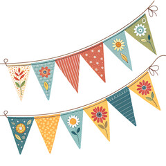 Obraz premium Decorative Garland with Triangular Flags Isolated on Transparent Background for Party Decoration, Celebration Event, Festival Bunting, Holiday Design, Marketing and Invitation Graphics
