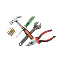 A versatile collection of essential hand tools, including a hammer, wrench, pliers, and screwdriver, for home maintenance.
