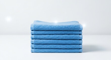Neatly stacked, light blue towels on a white surface in front of a white backdrop