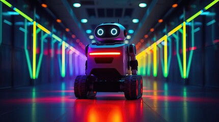 Robot in Neon Corridor.